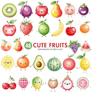 May include: A collection of 48 cute, cartoon-style fruits, including a kiwi, plum, apple, pear, peach, and mangosteen. Each fruit has a smiling face and small arms and legs. The image includes the text "48 CUTE FRUITS".
