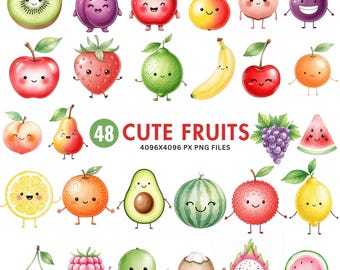 Kawaii Fruit Clipart: Watercolor PNG Stickers (Digital Download, Commercial Use, 48 Files)
