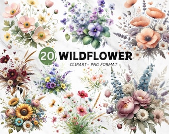 Imágenes prediseñadas de flores silvestres en acuarela, flores en acuarela PNG, imágenes prediseñadas de flores silvestres, imágenes prediseñadas florales, imágenes prediseñadas botánicas, flores de prado, flores de primavera