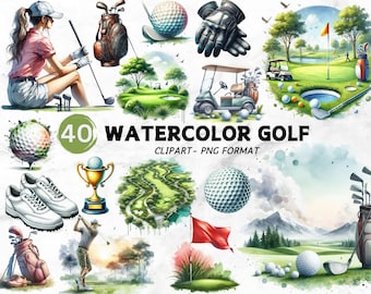 Watercolor Golf Clipart: Golf Club, Cart & Ball PNG Graphics (Instant Download)