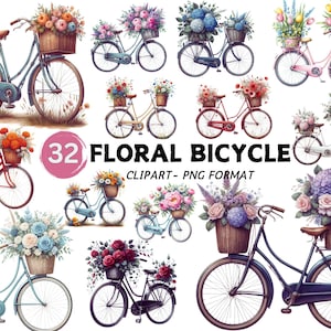 Bicycle Clipart Watercolor Vintage Floral Bicycle Clipart Png Digital Download Paper Craft High Quality PNG Instant Download Scrapbooking