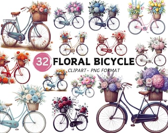 Floral Bicycle Clipart: Vintage Watercolor Bicycle PNG (Digital Download)