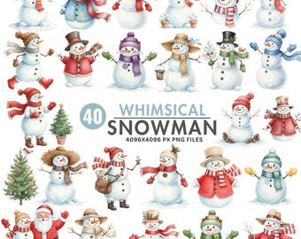 Whimsical Snowman Clipart, Cute Christmas PNG, Festive Holiday Snowman, Winter Watercolor Cute Clipart, Quirky Snowman, Commercial Use