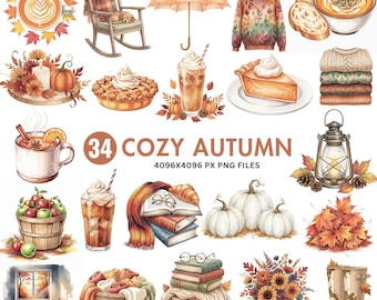 Cozy Autumn Clipart, Fall Clipart Bundle, Watercolor Fall PNG, Pumpkin Clipart, Thanksgiving Clipart, Autumn Scene PNG, Cottagecore Clipart