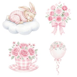 May include: Watercolor illustrations of a sleeping bunny in pink pajamas on a cloud, a bouquet of pink roses with a gingham bow, a teacup and saucer with pink roses, and a pink balloon with roses.