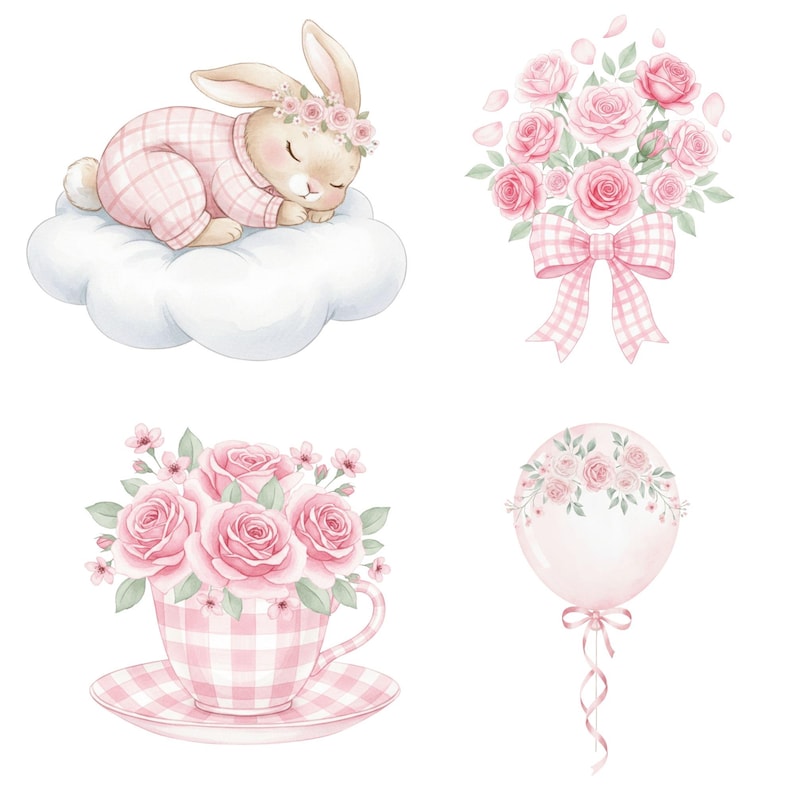 May include: Watercolor illustrations of a sleeping bunny in pink pajamas on a cloud, a bouquet of pink roses with a gingham bow, a teacup and saucer with pink roses, and a pink balloon with roses.