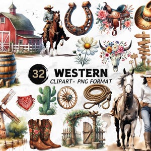 Watercolor Western Clipart Bundle, Texas Ranch, Cactus, Saddle, Saloon & Desert Art, Digital Download, Commercial Use, Western Digital Art