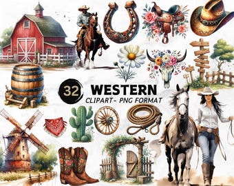 Paquete de imágenes prediseñadas del Oeste en acuarela: Vaquero, Rancho, Cantina (Descarga digital)
