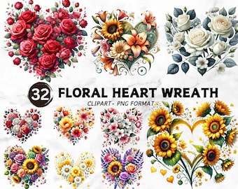 Watercolor Heart Clipart, Floral Heart PNG, Valentines Clipart, Wedding Heart, Flower Heart Clipart, Valentine Card, Floral Clipart