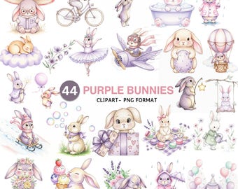 Clipart lapin violet, aquarelle lapin PNG, clipart baby shower, mignon lapin des cliparts, lapin de Pâques, bébé lapin PNG, lapins de printemps