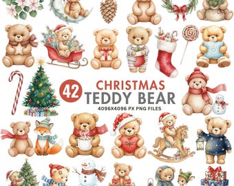 Clipart de oso de peluche navideño, oso de peluche en acuarela PNG, oso navideño adorable, clipart navideño original, baby shower, diseño de sublimación
