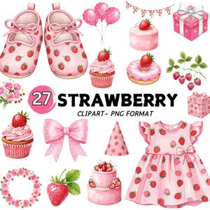 Clipart de fresa en acuarela, primer cumpleaños de bayas en acuarela, baby shower (PNG, uso comercial)