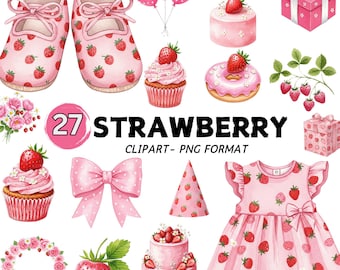 Watercolor Strawberry Clipart, Watercolor Berry First Birthday, Baby Shower (PNG, Commercial Use)