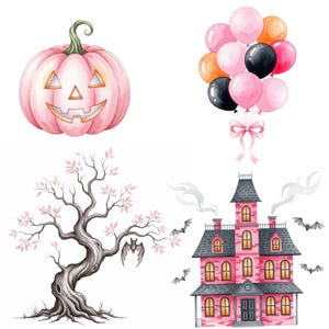 Pastel kawaii ghost clipart with cute pumpkins, bats, and Halloween decor in watercolor style for DIY stickers and sublimation designs