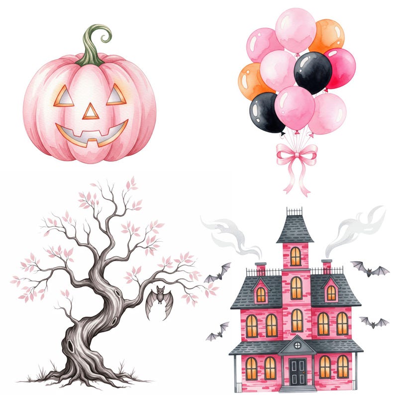 Pastel kawaii ghost clipart with cute pumpkins, bats, and Halloween decor in watercolor style for DIY stickers and sublimation designs