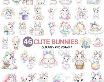 Pastell Aquarell Hase Clipart: Regenbogen Kinderzimmer Dekoration (PNG Download, 46 Dateien)