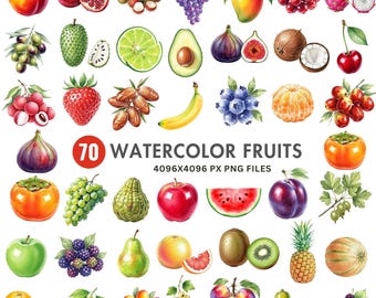 Watercolor Fruits Clipart Bundle: 70 PNGs for Digital Use