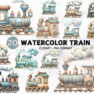 Paquete de imágenes prediseñadas de tren de acuarela, tren azul, vagones de ferrocarril, arte para bebés, decoración de guardería, baby shower, imágenes prediseñadas de cumpleaños para niños, descarga digital