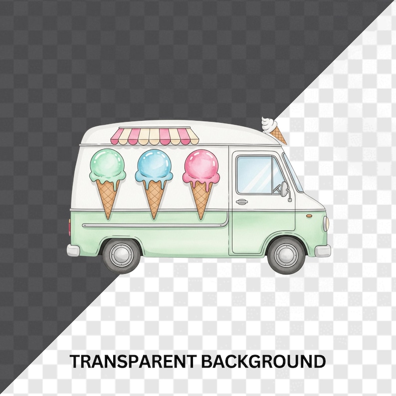 Digital Download of Watercolor Ice Cream Clipart Bundle Including Trucks, Cones, Sundaes, and Sweet Summer Treats