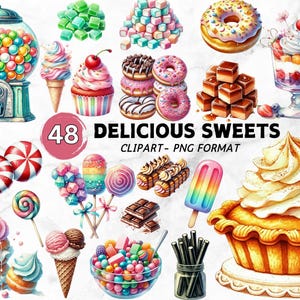 Pastel Sweets Clipart Bundle, Watercolor Candy PNG, Ice Cream, Cupcake, Macaron & Lollipop Clipart, Dessert Party Art, Instant Download