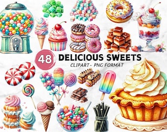 Aquarell Pastell Süßigkeiten Clipart Bundle: Süßigkeiten, Cupcake, Macaron (Digitaler Download, 4000x4000 px PNGs)