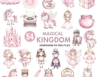 Magical Kingdom Clipart, Watercolor Princess PNG, Castle Clipart, Fairy Tale Art, Cute Princess & Unicorn, Baby Dragon, Fantasy Watercolor