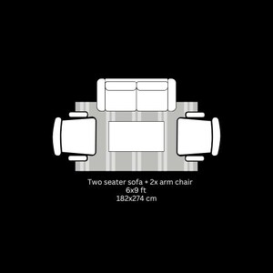 May include: Overhead view of a living room layout with a two-seater sofa, two armchairs, and a rectangular coffee table. The furniture sits on a striped rug. Text indicates the rug is 6x9 ft and 182x274 cm.