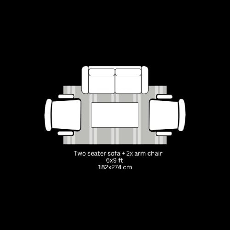 May include: Overhead view of a living room layout with a two-seater sofa, two armchairs, and a rectangular coffee table. The furniture sits on a striped rug. Text indicates the rug is 6x9 ft and 182x274 cm.