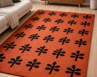 Hand Tufted Wool Rug, Rust & Black Wavy Pattern, Modern Home Decor