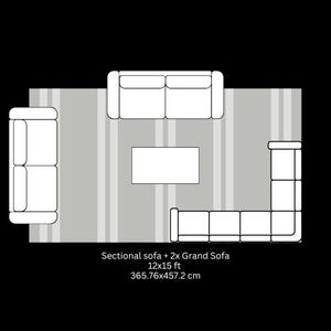 May include: A top-down view of a living room layout with a sectional sofa, two grand sofas, and a rectangular coffee table. The room is 12x15 ft. The text reads: Sectional sofa + 2x Grand Sofa 12x15 ft 365.76x457.2 cm.