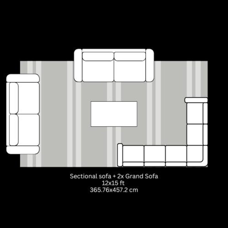 May include: A top-down view of a living room layout with a sectional sofa, two grand sofas, and a rectangular coffee table. The room is 12x15 ft. The text reads: Sectional sofa + 2x Grand Sofa 12x15 ft 365.76x457.2 cm.