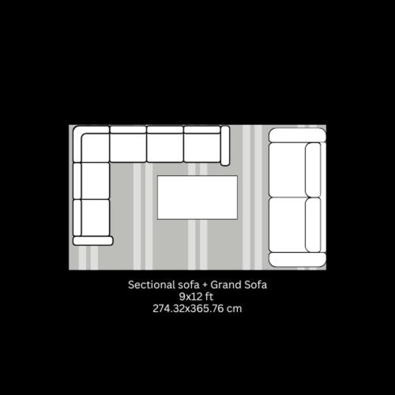 May include: A top-down view of a living room layout featuring a sectional sofa, a grand sofa, and a rectangular coffee table. The dimensions are 9x12 ft, with the equivalent of 274.32x365.76 cm. The layout is on a striped rug.