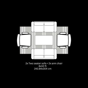 May include: Top-down view of a living room layout with two two-seater sofas, two armchairs, and a rectangular coffee table on a striped rug. The dimensions are 8x10 ft, or 243.84x304 cm. The text reads: 2x Two seater sofa + 2x arm chair.