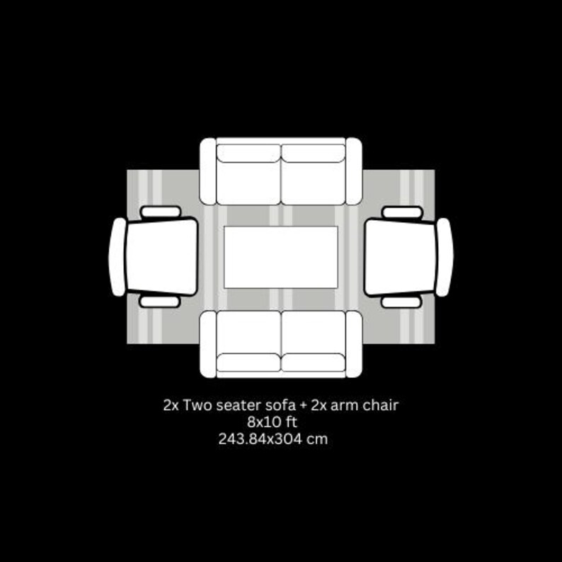 May include: Top-down view of a living room layout with two two-seater sofas, two armchairs, and a rectangular coffee table on a striped rug. The dimensions are 8x10 ft, or 243.84x304 cm. The text reads: 2x Two seater sofa + 2x arm chair.