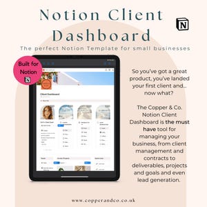 Könnte beinhalten: Ein Screenshot eines Notion-Client-Dashboard-Templates für kleine Unternehmen. Die Vorlage soll bei der Verwaltung von Kunden, Projekten und Zielen helfen. Die Vorlage enthält Abschnitte für Kundeninformationen, Projekte, Ziele und Schnelllinks. Die Vorlage ist für Notion konzipiert und auf der Website von Copper & Co. verfügbar.