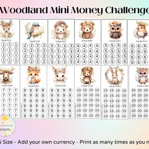 May include: A set of ten printable money challenge cards featuring woodland animals. Each card has a different animal and a grid of circles with numbers. The total amount of money for each card is listed at the top. The cards are designed to help children learn about money and counting.
