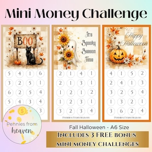 Mini desafío de ahorro de Halloween de otoño, tamaño A6, imprimible, rastreador de ahorros espeluznante, juego de presupuesto de gato negro fantasma, descarga digital