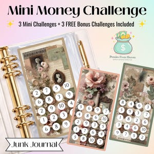 May include: A white binder with gold accents holds three money challenge cards. Each card features a floral design with numbered circles. The text "Mini Money Challenge" and "Junk Journal" are visible. A gold pen is also included.