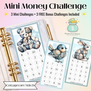 Cottagecore Stitch Mini Money Challenge imprimable A6 Economies Tracker Patchwork Budget enveloppe Insertion Téléchargement numérique Economies Challenge
