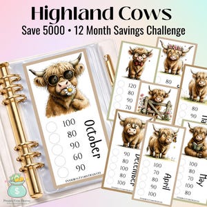 12 Month Highland Cow Yearly Money Challenge Printable, Save 5000 in a Year, Cute Savings Challenge A6, Budget Game