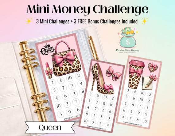 Queen Mini Money Challenge A6 Size Printable Savings Tracker Budget Binder Inserts Digital Download Savings Challenge Shopping Savings