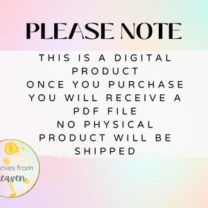 May include: A digital product notice with the words "PLEASE NOTE" in bold black lettering. The text clarifies that it's a digital item, and a PDF file is provided after purchase. No physical product will be sent.