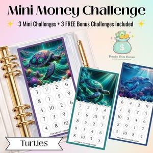 Mini desafío de ahorros imprimible de tortugas, tamaño A6, rastreador de ahorros, inserto de sobre de presupuesto de vida marina oceánica, descarga digital, mini desafío de ahorros