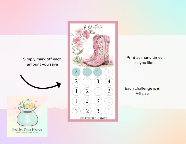 Boots Mini Money Challenge, A6 Binder Insert, Printable Savings Game, Budget, Western Boots PNG, Cash Envelope Tracker PDF, Money Game image 2