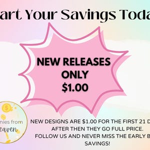 May include: A promotional graphic with a gradient background, featuring text that reads "Start Your Savings Today!" and "New Releases Only &pound;1.00." A pink burst shape highlights the text. The image also includes the text "Pennies from heaven."