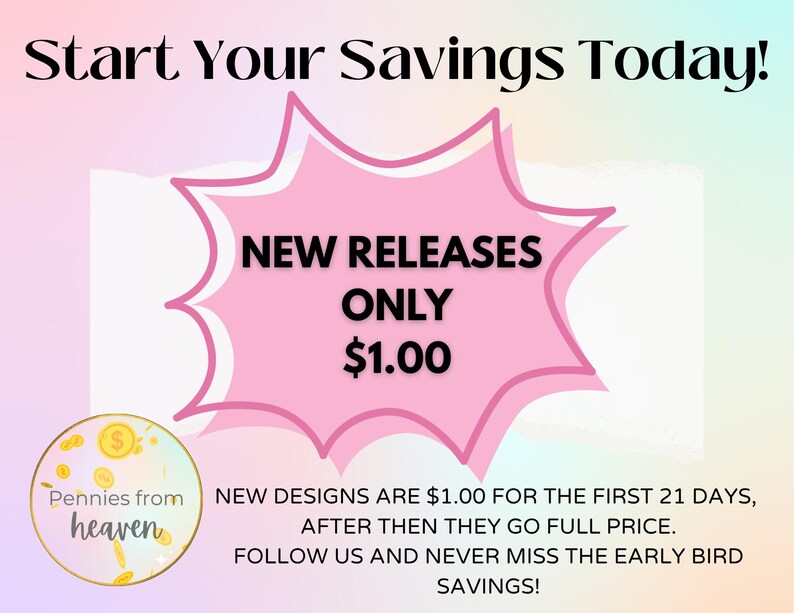 May include: A promotional graphic with a gradient background, featuring text that reads "Start Your Savings Today!" and "New Releases Only &pound;1.00." A pink burst shape highlights the text. The image also includes the text "Pennies from heaven."