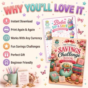 May include: A digital savings challenge kit featuring a Boba Sip & Save tracker and The Ultimate Savings Challenge Book. The graphics include colorful boba tea illustrations, a money bag, floral accents, and motivational text like Big Dreams Bigger Savings.