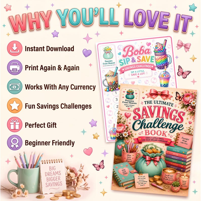 May include: A digital savings challenge kit featuring a Boba Sip & Save tracker and The Ultimate Savings Challenge Book. The graphics include colorful boba tea illustrations, a money bag, floral accents, and motivational text like Big Dreams Bigger Savings.