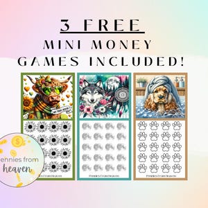 May include: An image with the text "3 FREE MINI MONEY GAMES INCLUDED!" features three mini money games. One game has a cow wearing sunglasses, another has a wolf, and the third has a dog. A circular logo reads "Pennies from heaven."