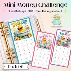May include: A white binder with gold rings containing three rectangular money challenge cards featuring rubber duck illustrations. The cards display the text Duck Off, Just Winging It, and Mentally On Vacation, along with numbered circles for tracking savings goals.